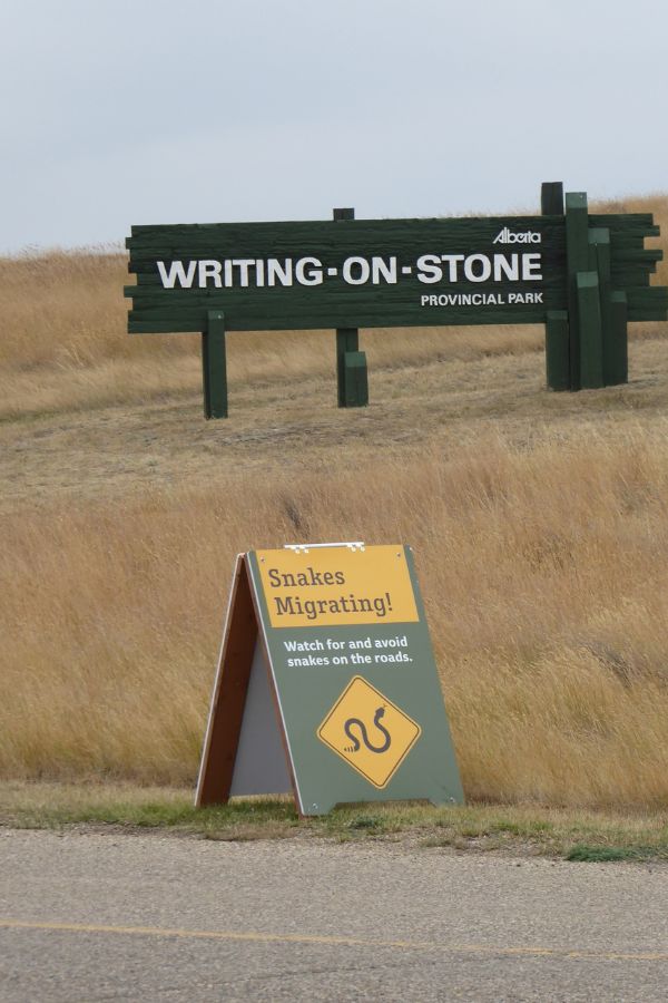 Am Eingang zum Writing-on-Stone Provincial Park warnt ein Schild Autofahrer vor Schlangen auf der Straße.