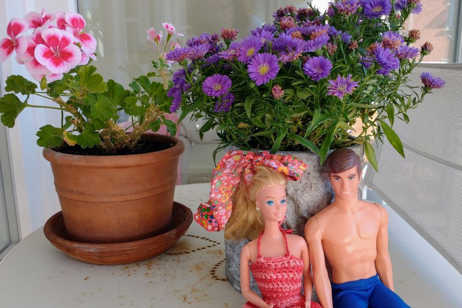 Barbie und Ken vor einem Blumentopf.