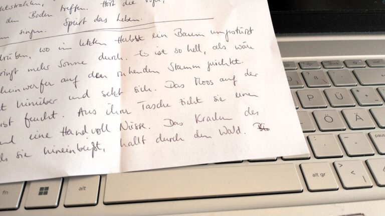 Die handschriftlichen Notizen aus der Schreibwerkstatt liegen auf der Laptoptastatur.