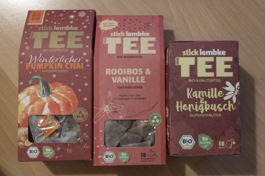 Drei neue Sorten Tee: Pumpkin Chai, Rooibos & Vanille, Kamille & Honigbusch.
