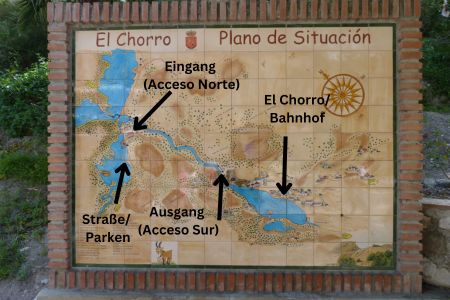 Grober Plan der Umgebung von El Chorro mit Ein- und Ausgang des Caminito del Rey.
