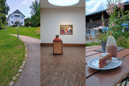 Fotocollage: Franz Marc Museum - Besucherin im Sessel vor Macke-Gemälde - Ein Stück Kuchen und eine Eisschokolade auf einem Cafétisch.