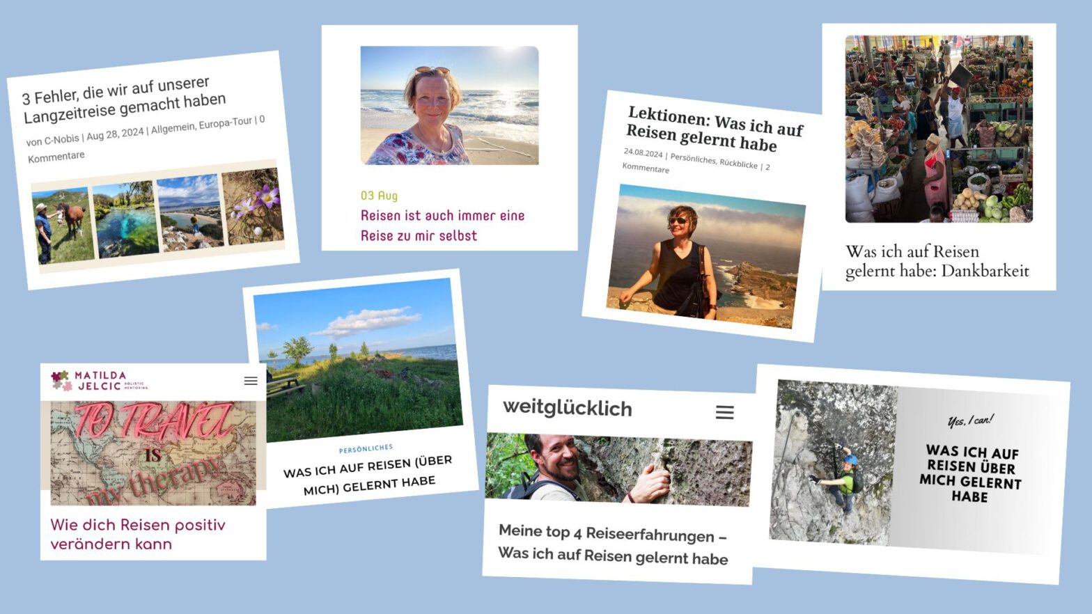 Collage von Screenshots aller Beiträge zur Blogparade Reiselearnings