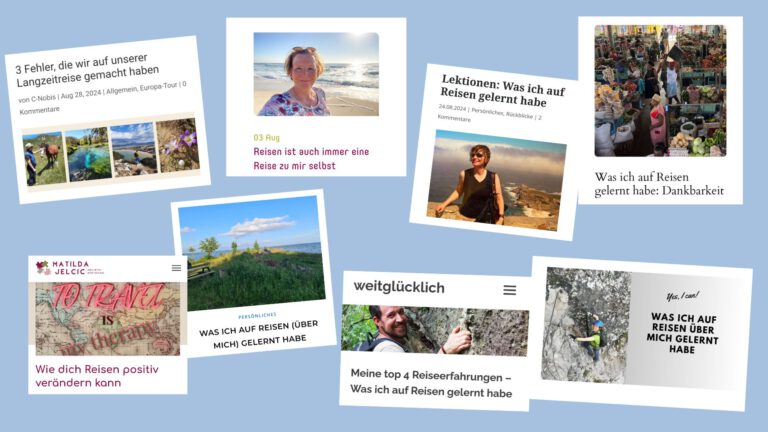 Collage von Screenshots aller Beiträge zur Blogparade Reiselearnings