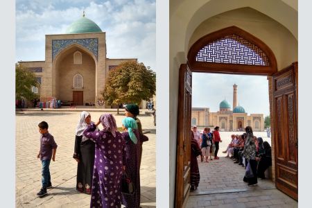 Usbekische Frauen und Touristen am Hazrati-Imam-Komplex in Taschkent, Usbekistan.