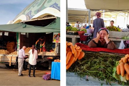 Kartoffelverkauf vom Laster und schlafende Marktfrau in Taschkent, Usbekistan.