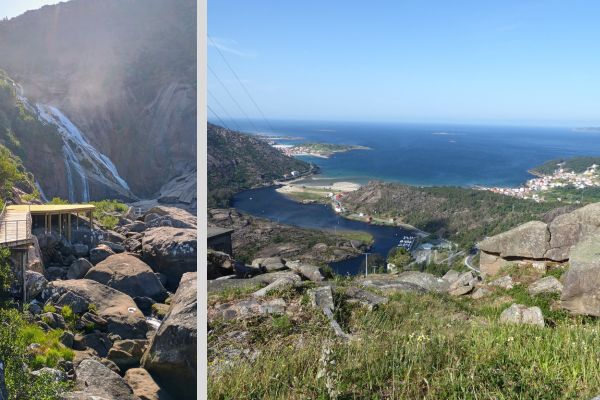 Collage aus Wasserfall Ezaro und Blick aufs Meer vom Ausblickpunkt oberhalb des Wasserfalls.