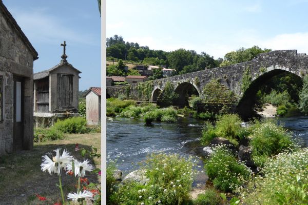 Getreidespeicher und Brücke in Ponte Maceira, Galicien.